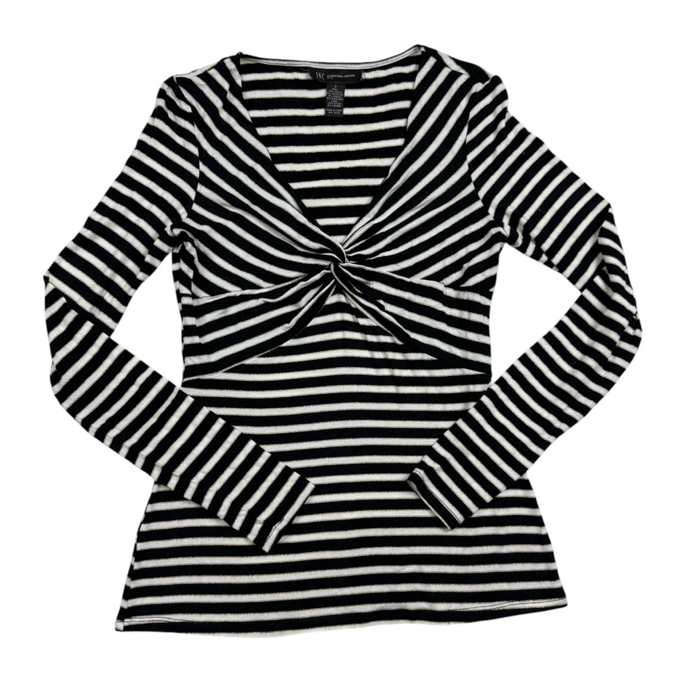INC International Concepts Black and White Tie Front Blouse